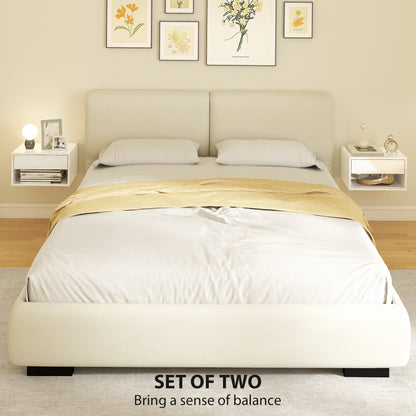 Set of Two Floating Bedside Tables, Wall Mounted Nightstand with Drawer and Open Shelf, High Gloss White