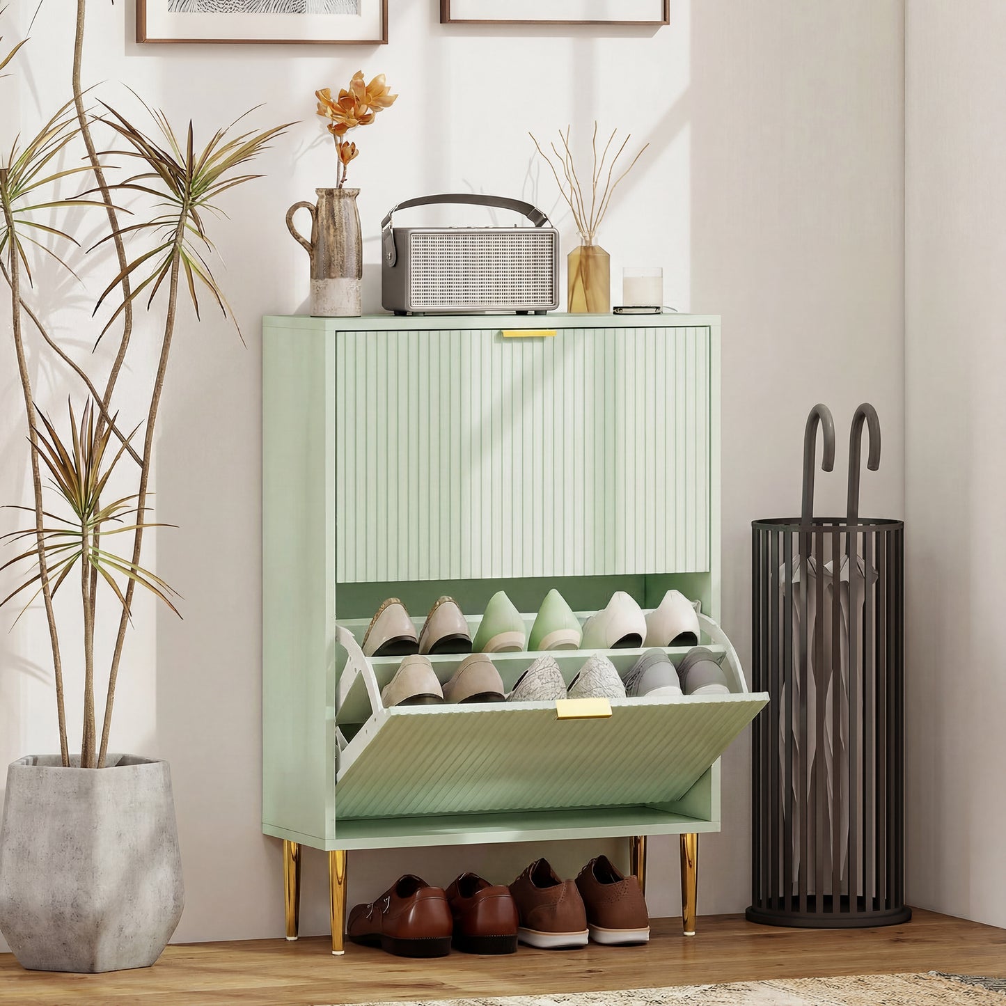 Elegant Two-Drawer Shoe Cabinet - Light Green