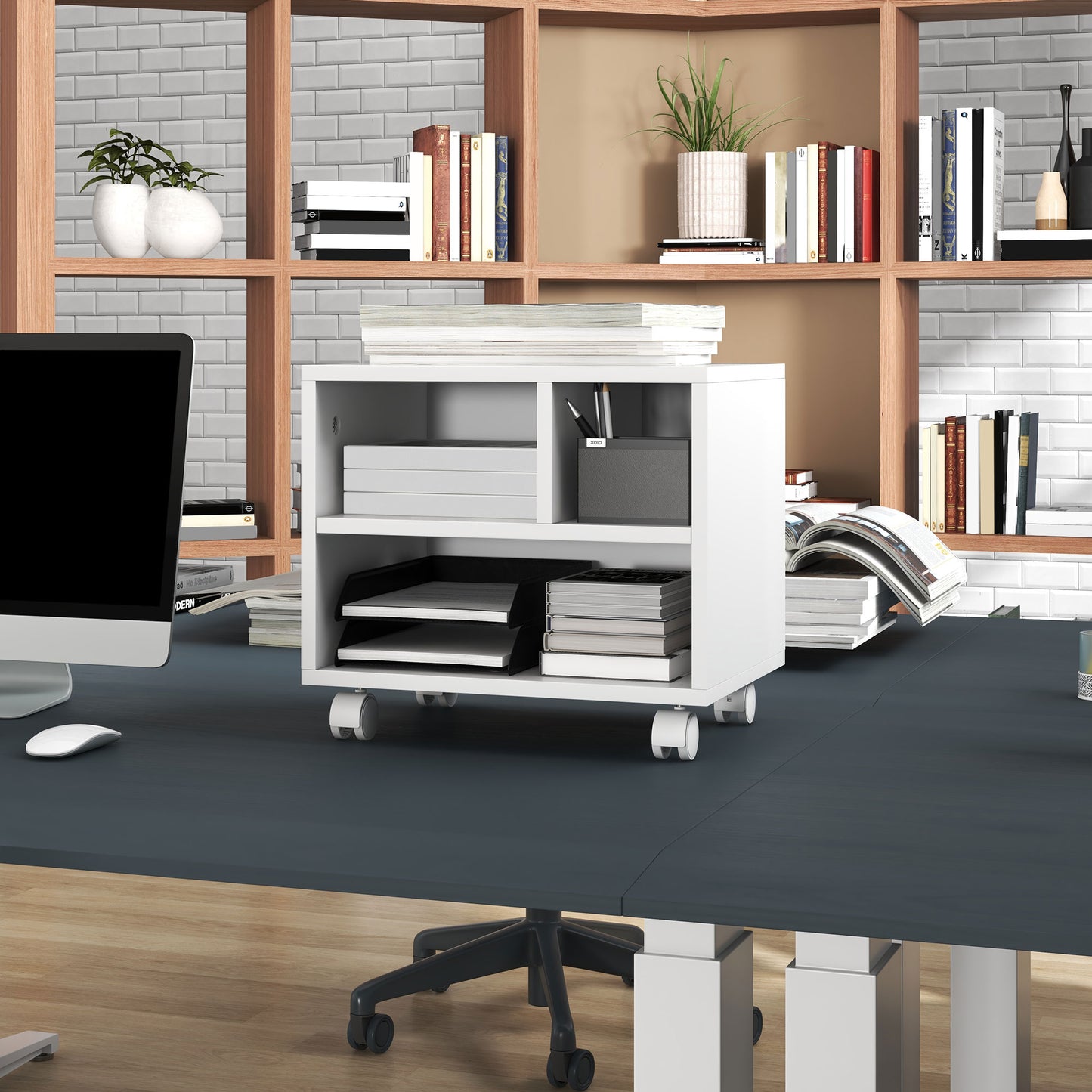 Three-Compartment Printer Cabinet, with Wheels - White