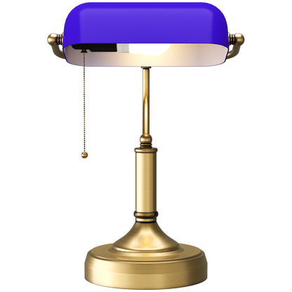 Banker's Desk Lamp with Antique Bronze Tone Base, Table Lamp with Blue Glass Shade for Home Office, Blue
