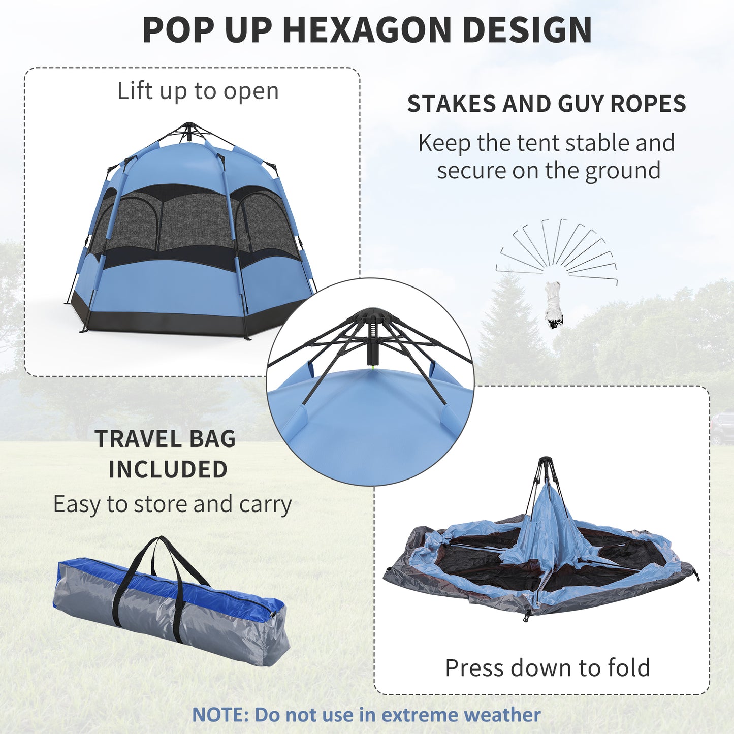 4 Man Hexagon Camping Tent with Hang Hook and Carry Bag - Blue and Black