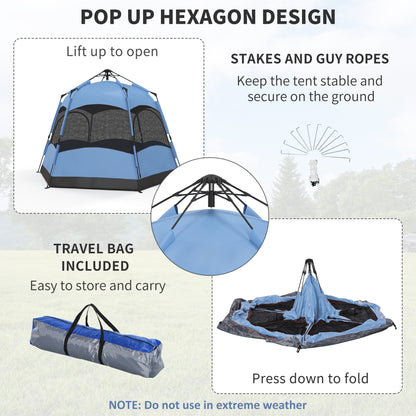 4 Man Hexagon Camping Tent with Hang Hook and Carry Bag - Blue and Black