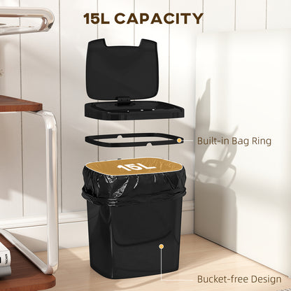 15L Sensor Bin, Automatic Touchless Kitchen Bin, Easy Clean, Battery Operated for Home Office, Bedroom, Bathroom, Black