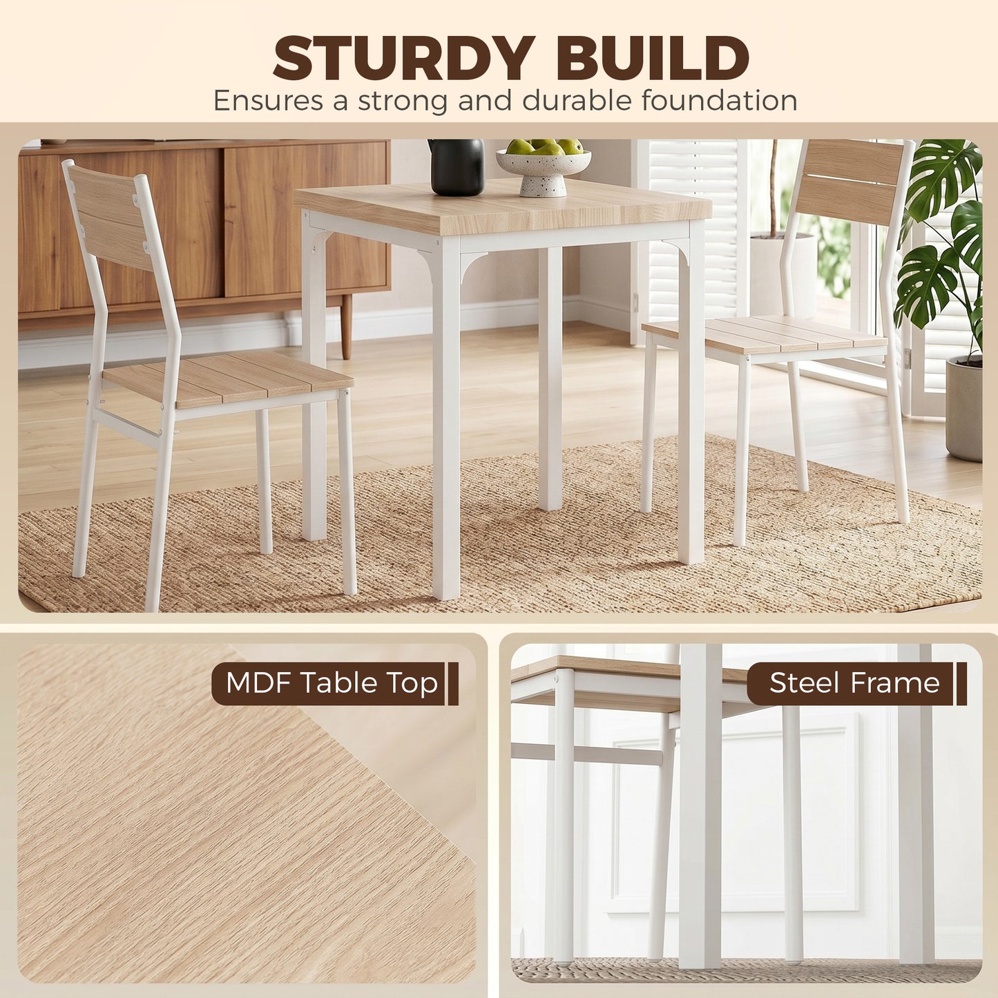 Three-Piece Minimal and Compact Dining Set, Oak Wood Effect