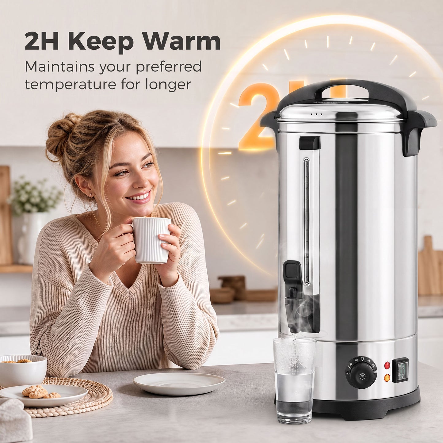 24L Catering Urn, 2500W Stainless Steel Hot Water Boiler Dispenser with Thermostat, Keep Warm Function and Easy Pour Tap