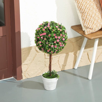 Set of 2 Decorative Artificial Plants, Ball Topiary Tree with Rose Flower in Pot, Fake Plants for Home Indoor Outdoor Decor
