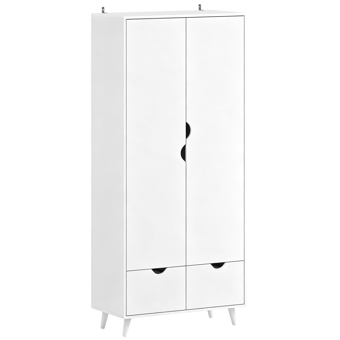 Elegant Home Storage Organisation Furniture, 2-Door Clothes Wardrobe with 2 Drawers, Wood Feet, White