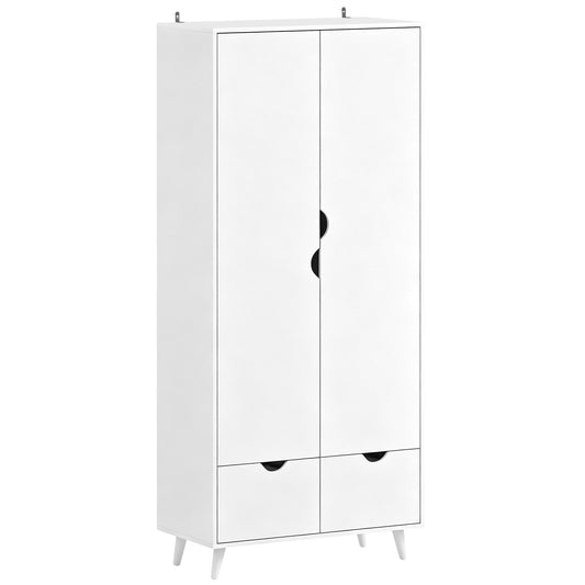 Elegant Home Storage Organisation Furniture, 2-Door Clothes Wardrobe with 2 Drawers, Wood Feet, White