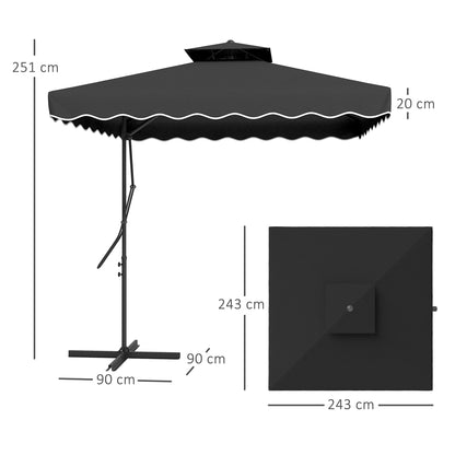 2.5m Cantilever Parasol with Easy Lever, Square Double Top Garden Parasol Umbrella with Ruffles and Cross Base