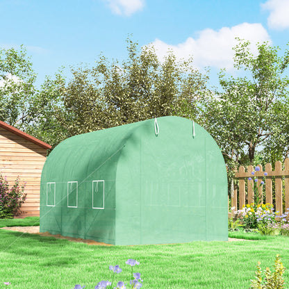 3.5 x 2m Walk-In Polytunnel Greenhouse, with Steel Frame, PE Cover, Roll-Up Door and 6 Windows, Green