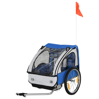 2 Seat Bike Trailer Bicycle wagon for Kids Child Steel Frame Safety Harness Seat Carrier Hitch Coupler Blue White 130 x 76 x
