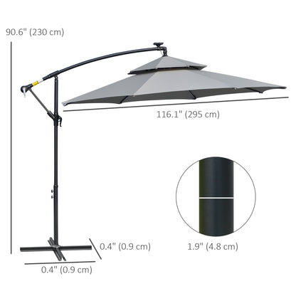 3(m) Cantilever Banana Parasol Hanging Umbrella with Double Roof, LED Solar lights, Crank