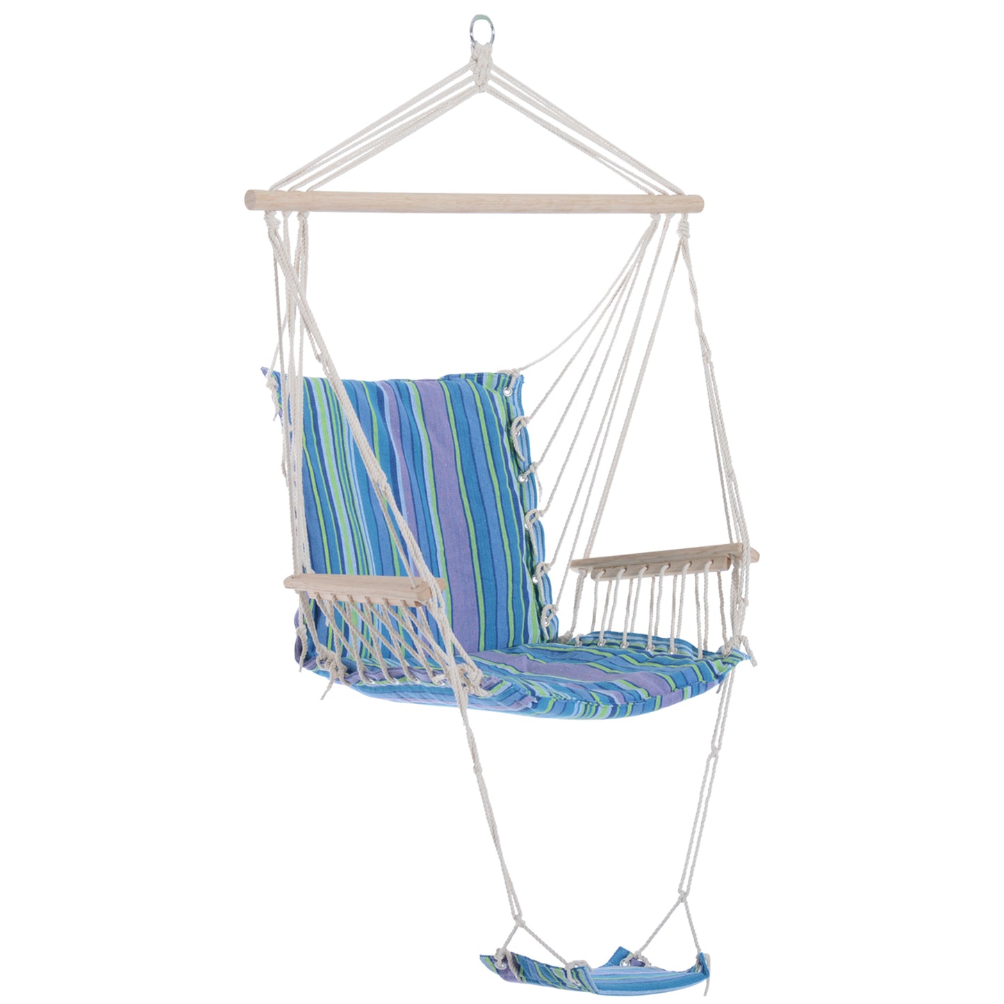 Hanging Rope Chair with Soft Padded Seat & Backrest, Portable Garden Hammoc Chair with Wooden Support Bar, Armrests