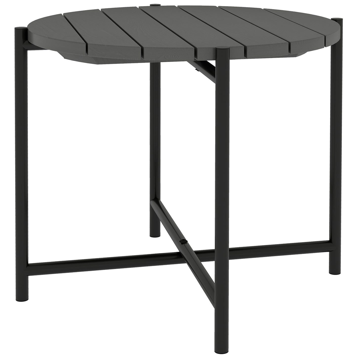 54 cm Round Outdoor Side Table, Industrial Small Garden Table with Slatted Wood Top and Metal Frame, Dark Grey