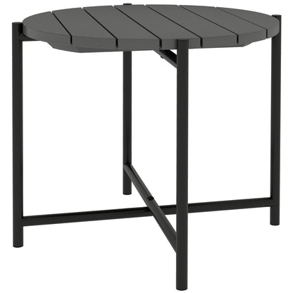 54 cm Round Outdoor Side Table, Industrial Small Garden Table with Slatted Wood Top and Metal Frame, Dark Grey
