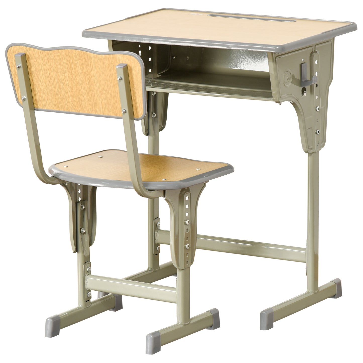 Height Adjustable Kids Desk and Chair Set with Storage Compartment, Bag Hook and Pen Holder, for 6-12 Years, Grey
