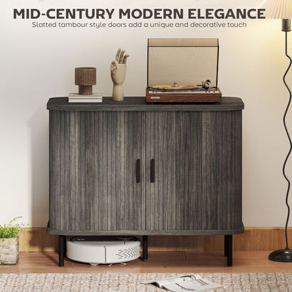 Mid-Century Modern Sideboard Storage Cabinet with Slatted Tambour Sliding Doors, Kitchen Cabinet with Steel Legs, Grey