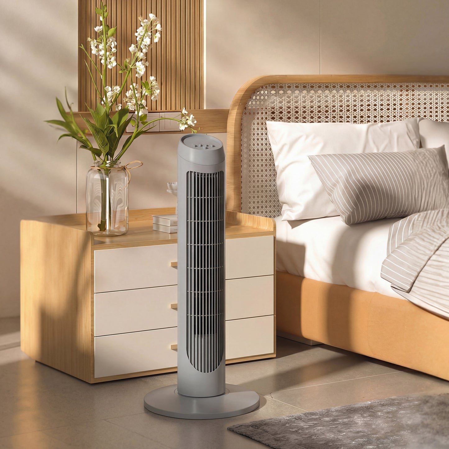 Tower Fan for Bedroom Cooling, 75cm Electric 70° Oscillating with 3 Speed Settings, Standing Floor Fan, Grey