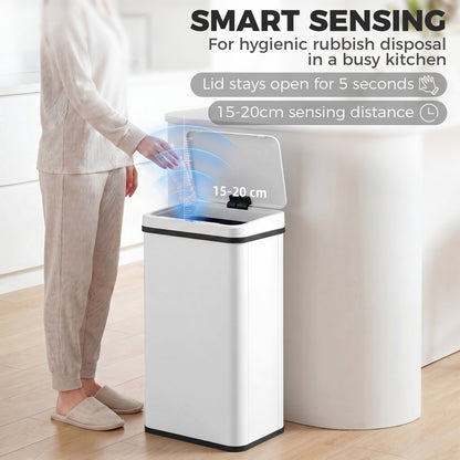50L Sensor Bin with Soft-Close Lid, Stainless Steel Automatic Touchless Motion Sensor Kitchen Bin, White