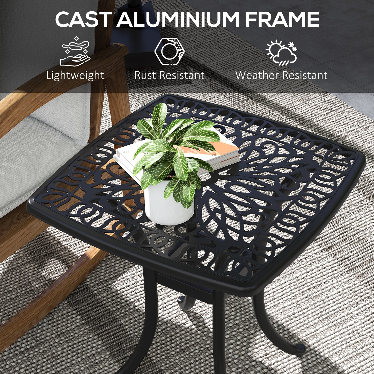 Cast Aluminium Bistro Table, Outdoor Square Side Table with Umbrella Hole, Garden Table for Balcony, Black