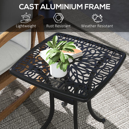 Cast Aluminium Bistro Table, Outdoor Square Side Table with Umbrella Hole, Garden Table for Balcony, Black