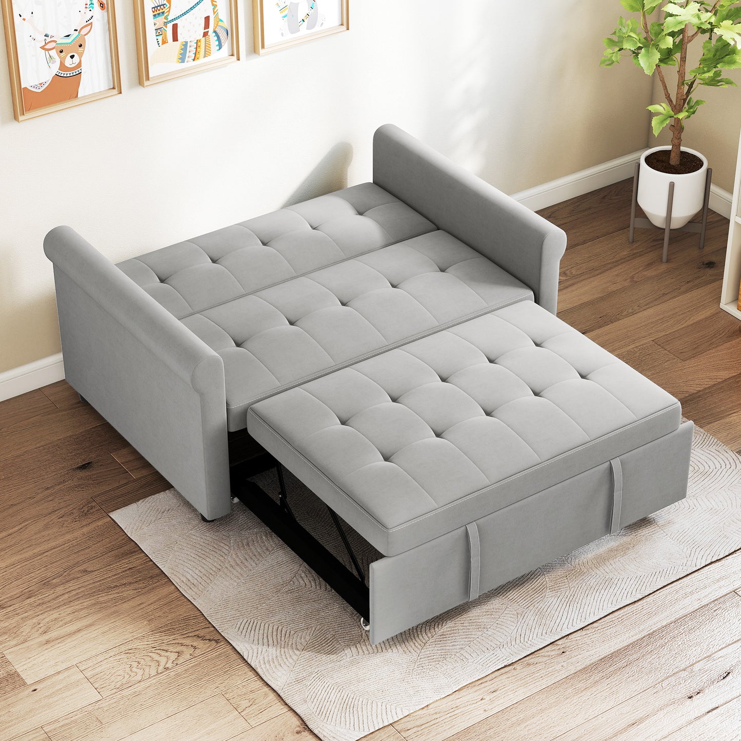 Two-Seater Velvet-Feel Sofa Bed - Grey