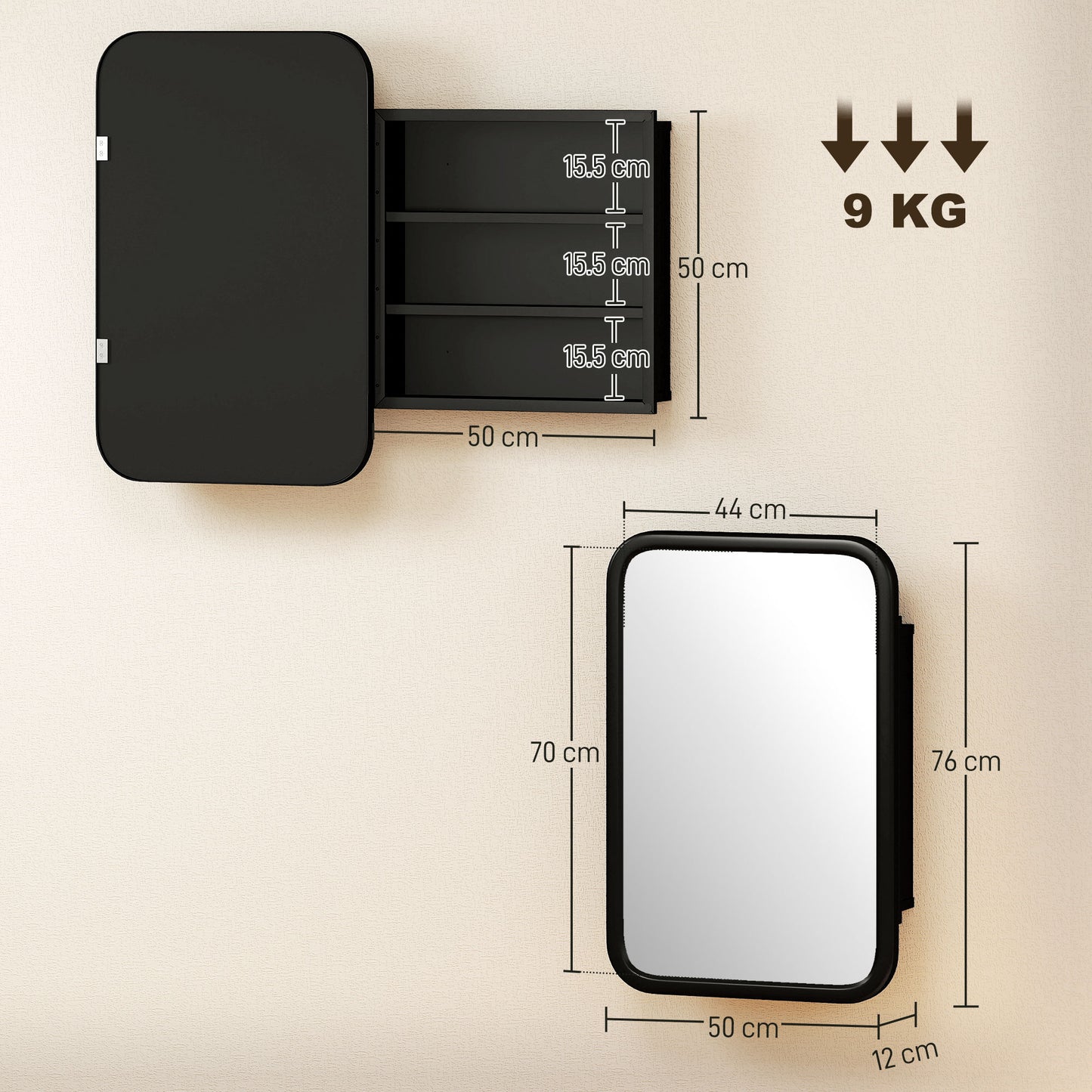 Bathroom Wall Cabinet with Tempered Mirror Metal Bathroom Mirror Cabinet with 3 Shelves Black