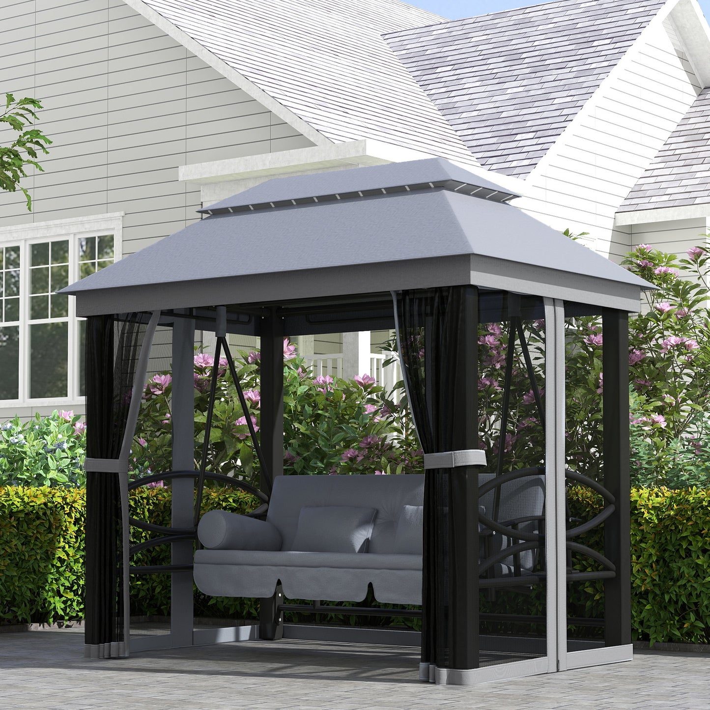 3 Seater Swing Chair 3-in-1 Convertible Garden Swing Seat Bed Gazebo Patio Bench Outdoor with Double Tier Canopy
