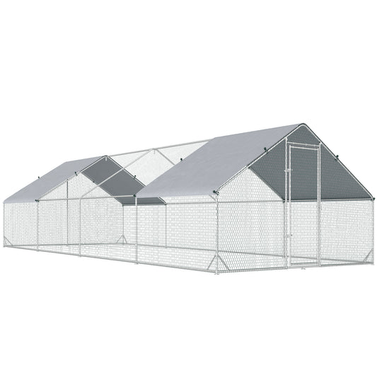 Chicken Run Galvanised Walk-in Chicken Coop Hen Poultry House Cage Rabbit Hutch with Weather-Resist Cover, 3 x 8 x 2m