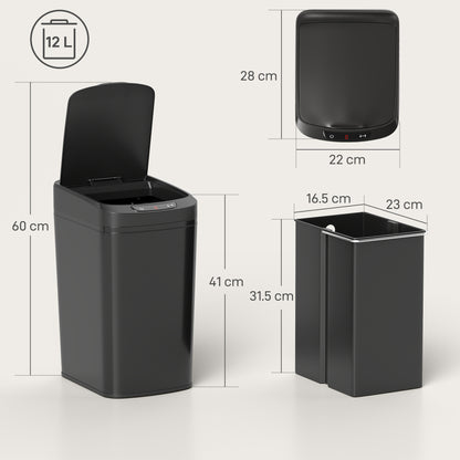 12L Sensor Bin, Automatic Touchless Motion Sensor Kitchen Bin with Fingerprint Resistant Stainless Steel, Black