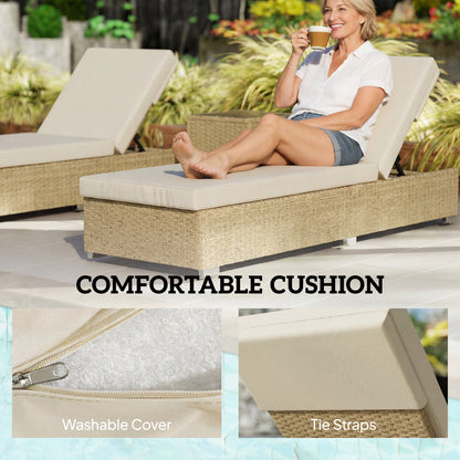 Rattan Sun Loungers Set of 2 with Side Table, Garden Recliner Sunbeds with Adjustable Back, Cushions, Beige