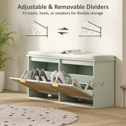 Boho Shoe Bench with Padded Seat and 2 Flip-Drawers - Light Green