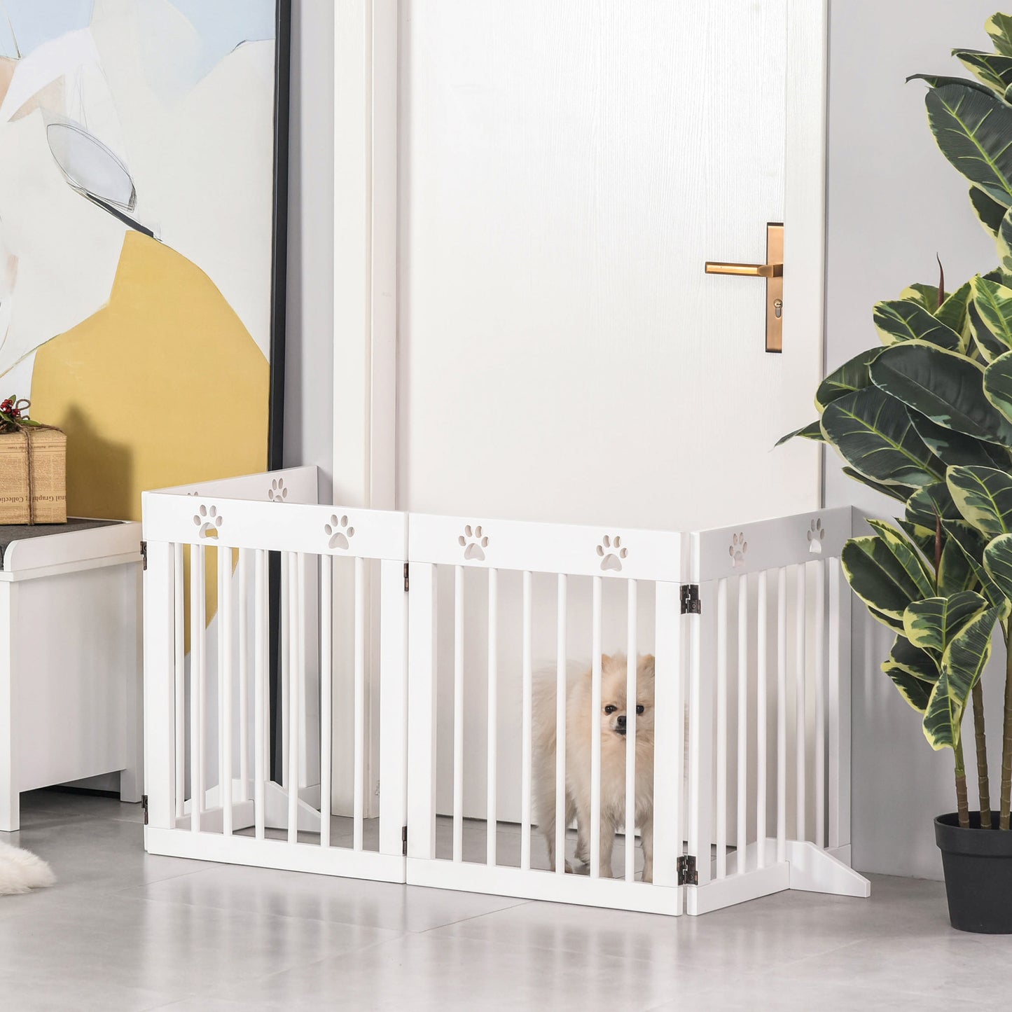 Freestanding Pet Gate 4 Panel Wooden Dog Barrier Folding Safety Fence with Support Feet up to 204cm Long 61cm Tall for Doorwa