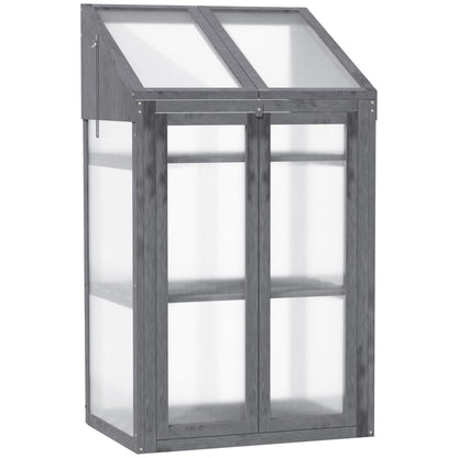 Wooden Cold Frame Polycarbonate Greenhouse with Openable Top Cover and Double Door, Grow House for Flower