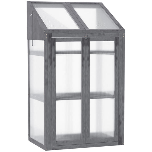 Wooden Cold Frame Polycarbonate Greenhouse with Openable Top Cover and Double Door, Grow House for Flower