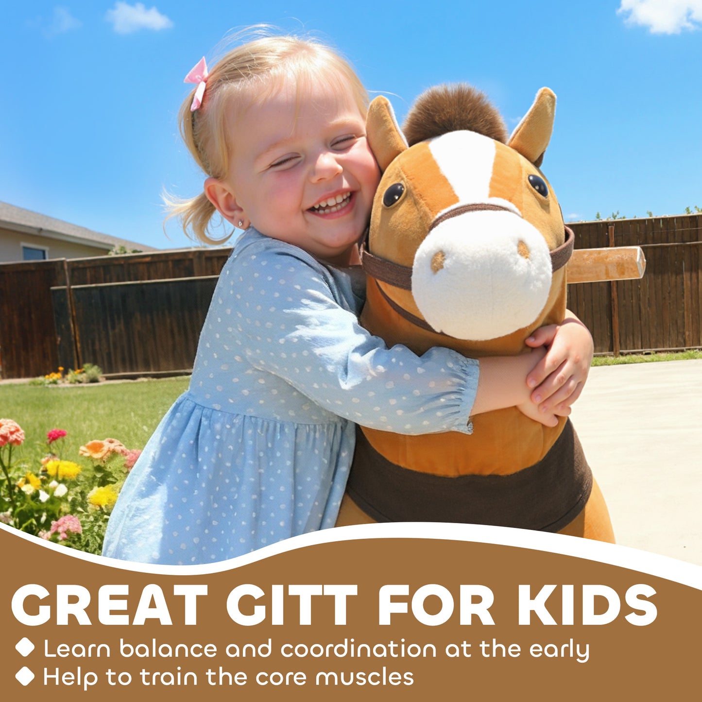 Ride On Horse, Plush Walking Horse Toy with Wheels and Saddle for Ages 3-5 Years Old, Brown