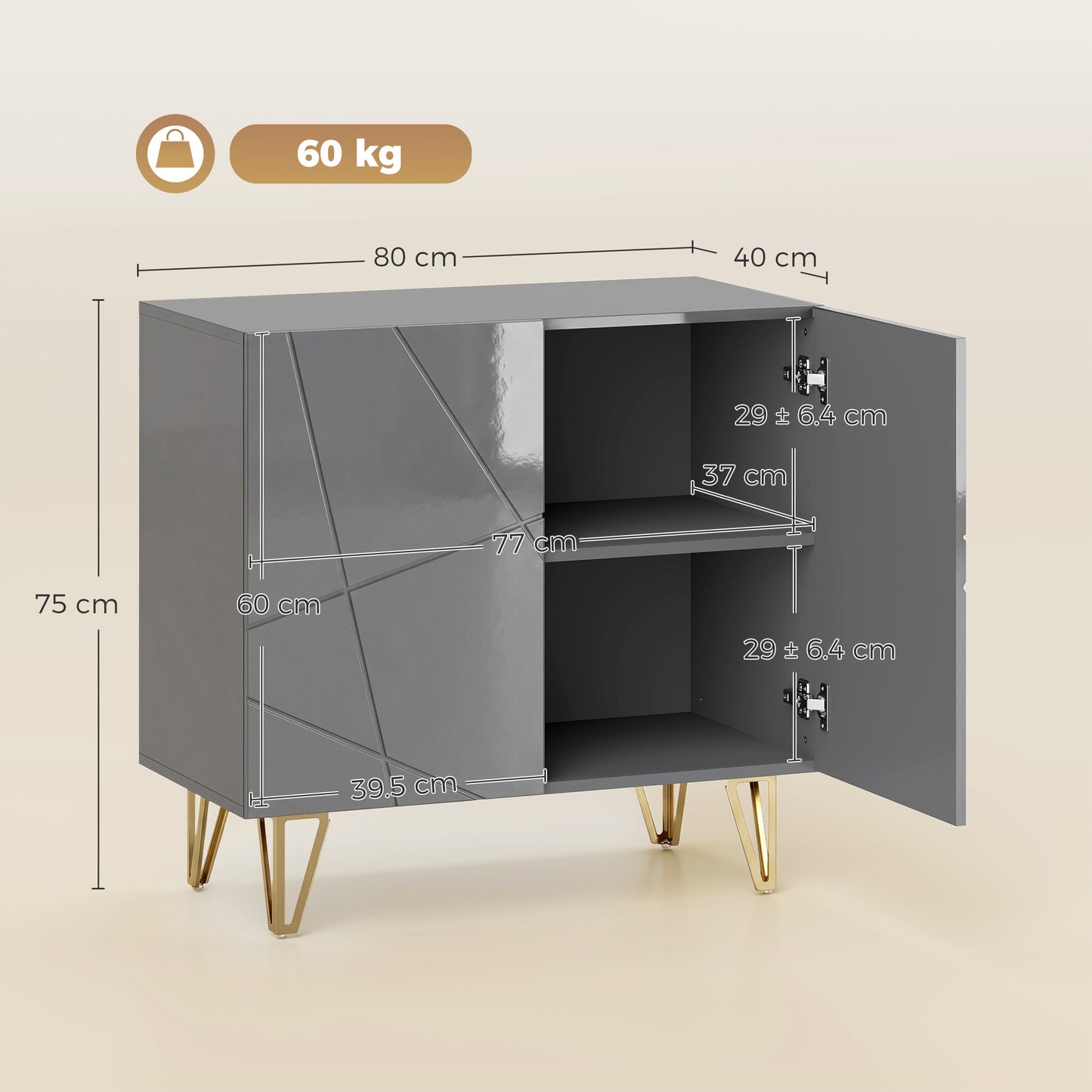 Modern Luxe High Gloss Sideboard, with Hairpin Legs - Grey