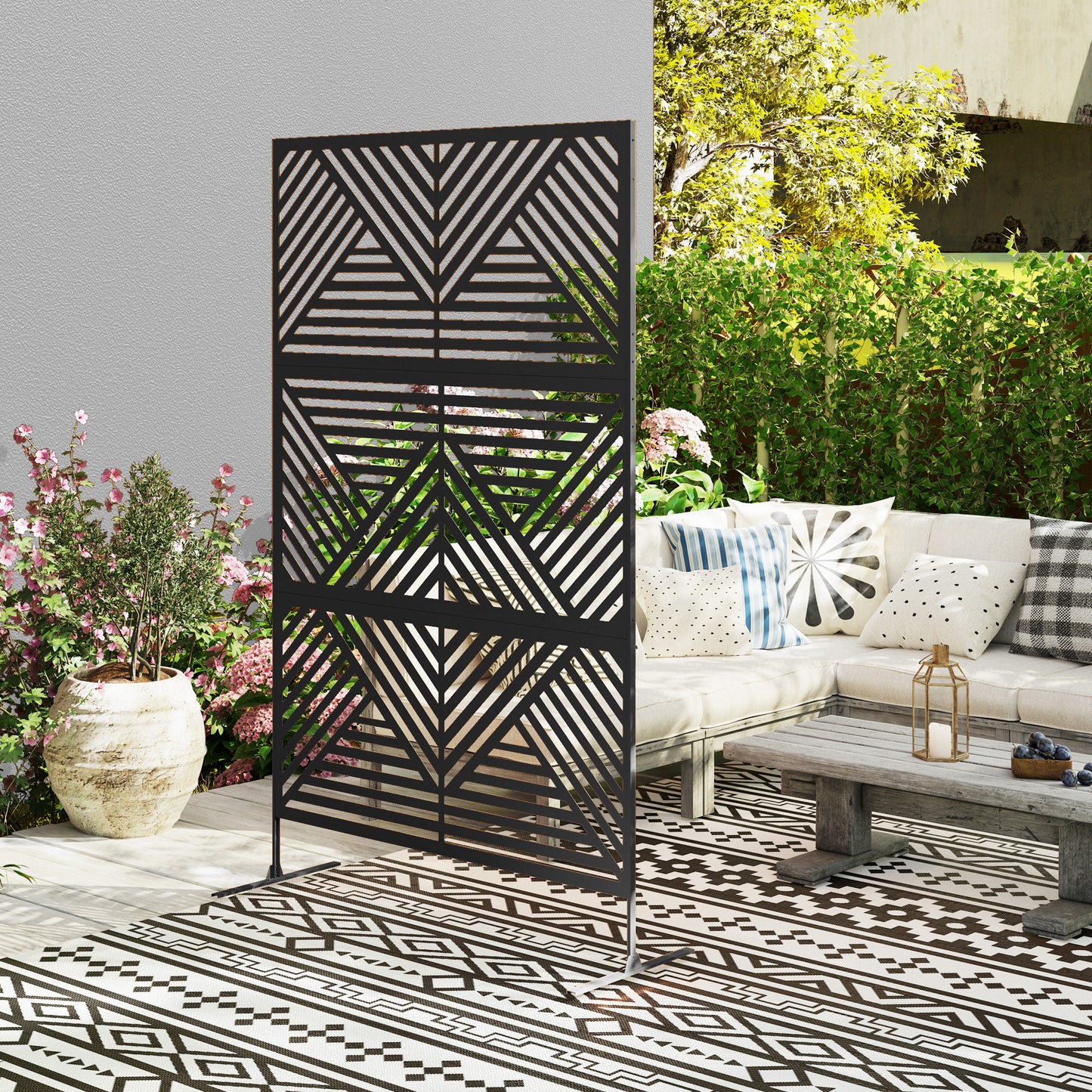 Decorative Garden Privacy Screen with Stand, 6.5FT Freestanding Metal Outdoor Divider