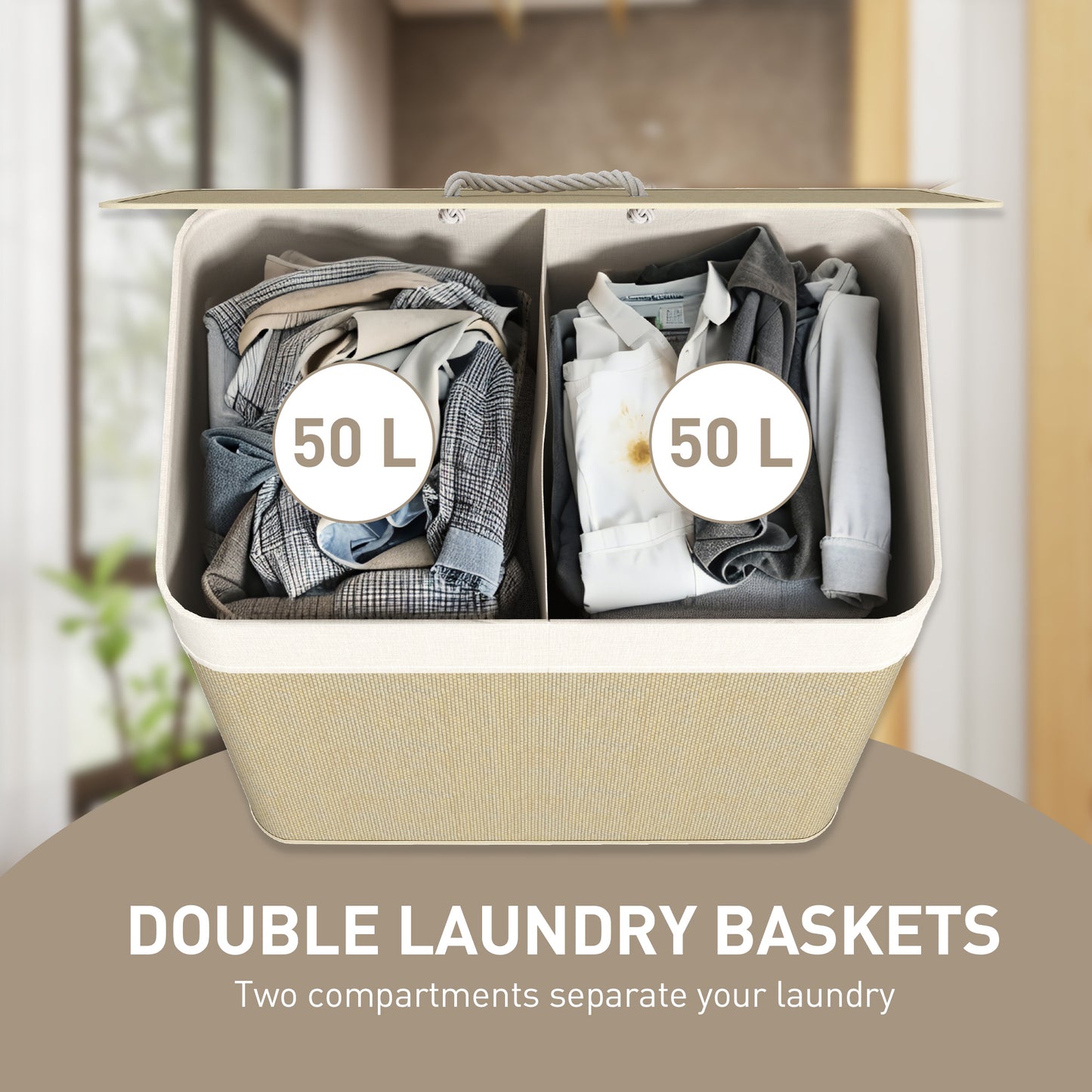 2 Section Laundry Basket with Lid, 100L Bamboo Laundry Hamper with Handles, Removable and Washable Liner, Cream White