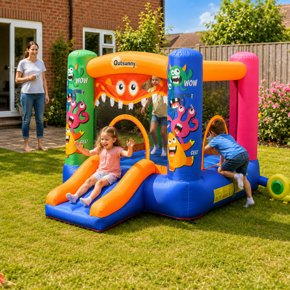 Bouncy Castle Inflatable Basket Trampoline Slide Monster Design for Kids Age 3-8, Blue