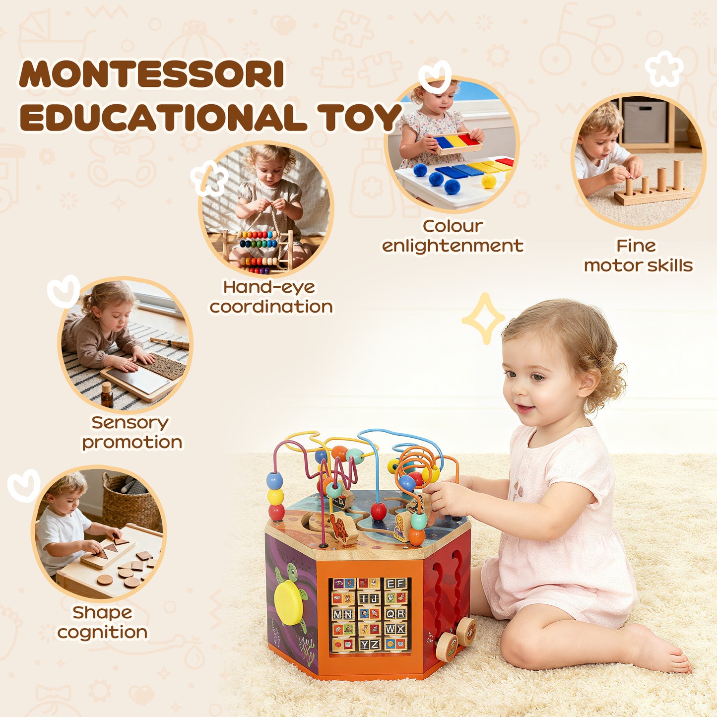 Wooden Activity Cube, Baby Toys with Bead Maze, Pattern Sorter for Toddlers Boys and Girls 18+ Months