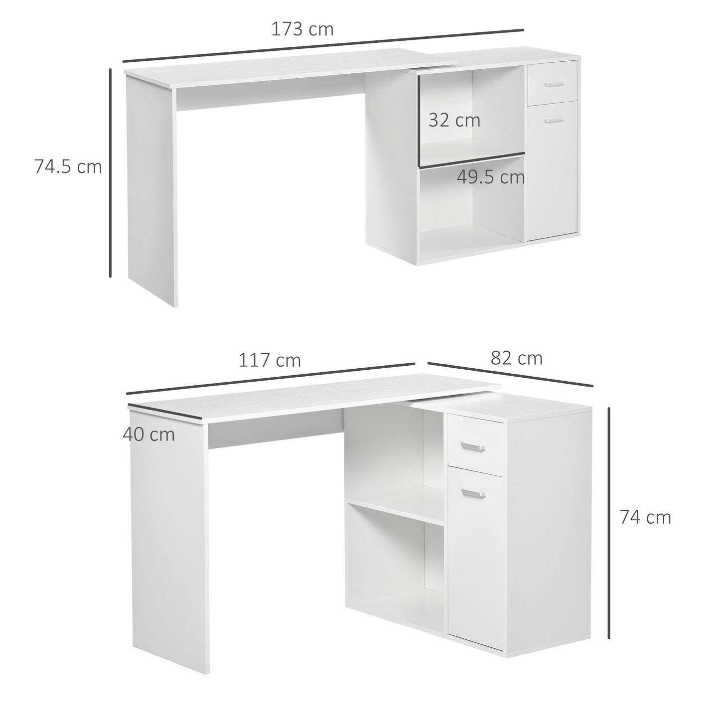 L-Shaped Desk, Corner Computer Desk, Adjustable Study Table with Storage Shelf, Drawer and Cabinet