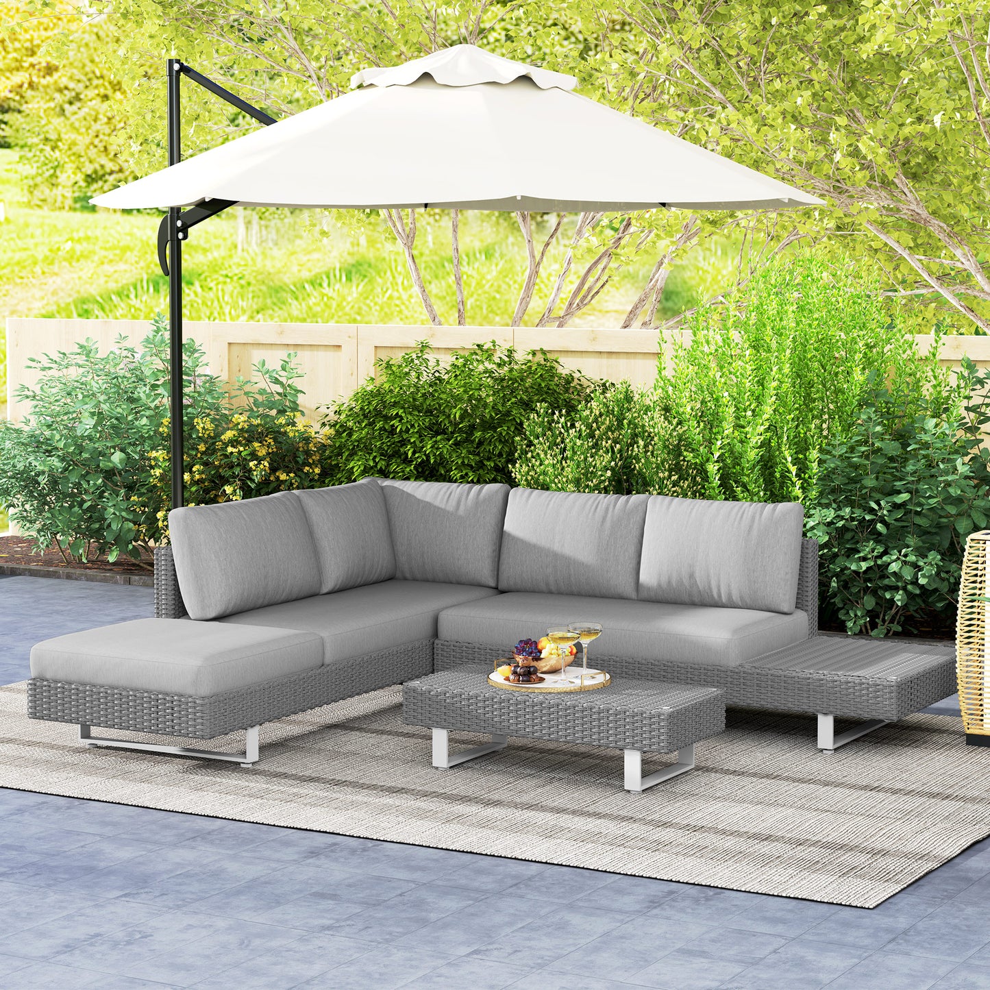 Three-Piece Rattan Sofa Set, with Cushions - Light Grey