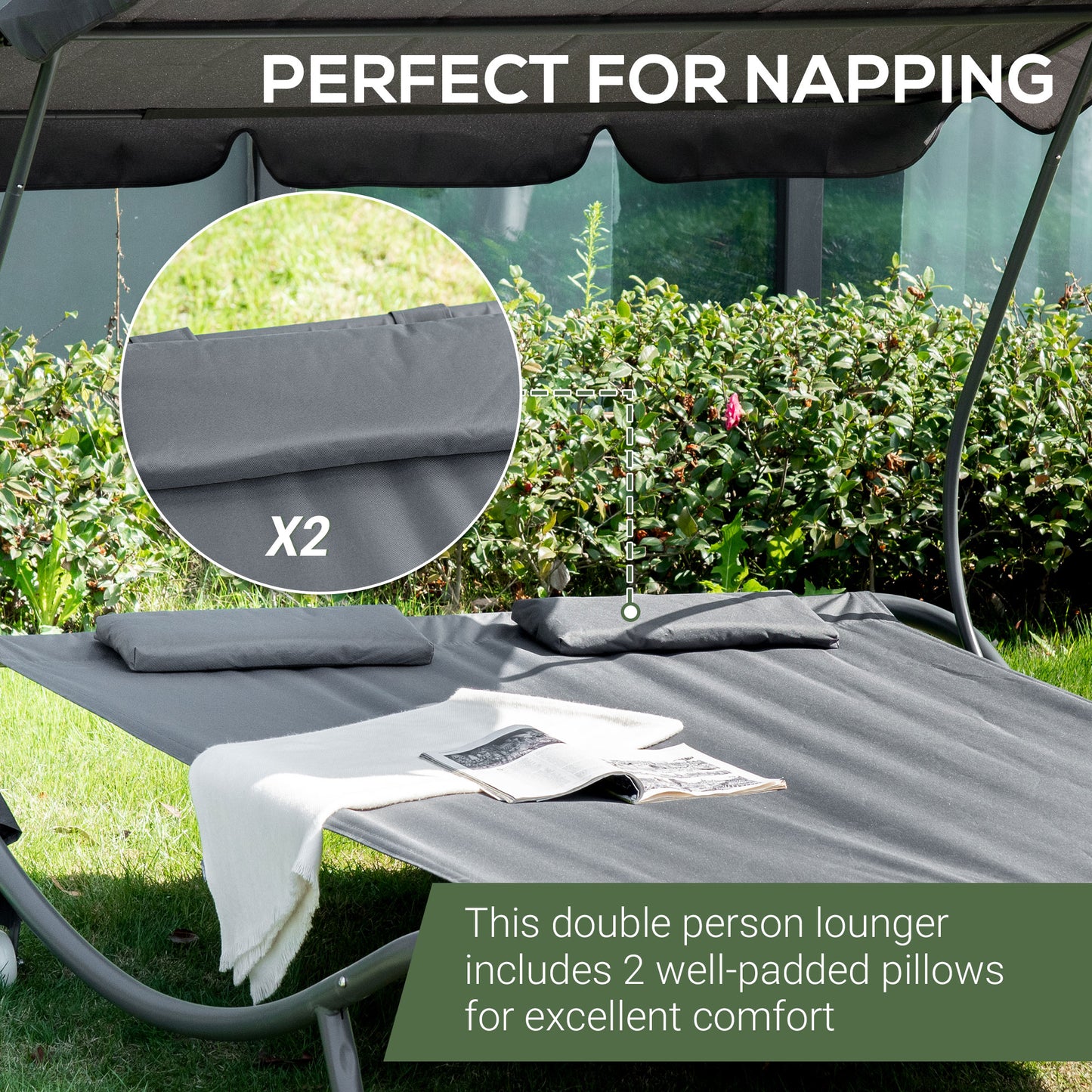 Double Sun Lounger with Adjustable Detachable Canopy, Portable Garden Daybed for 2 with Wheels, Outdoor Sunbed Hammock