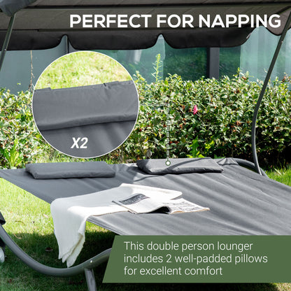 Double Sun Lounger with Adjustable Detachable Canopy, Portable Garden Daybed for 2 with Wheels, Outdoor Sunbed Hammock