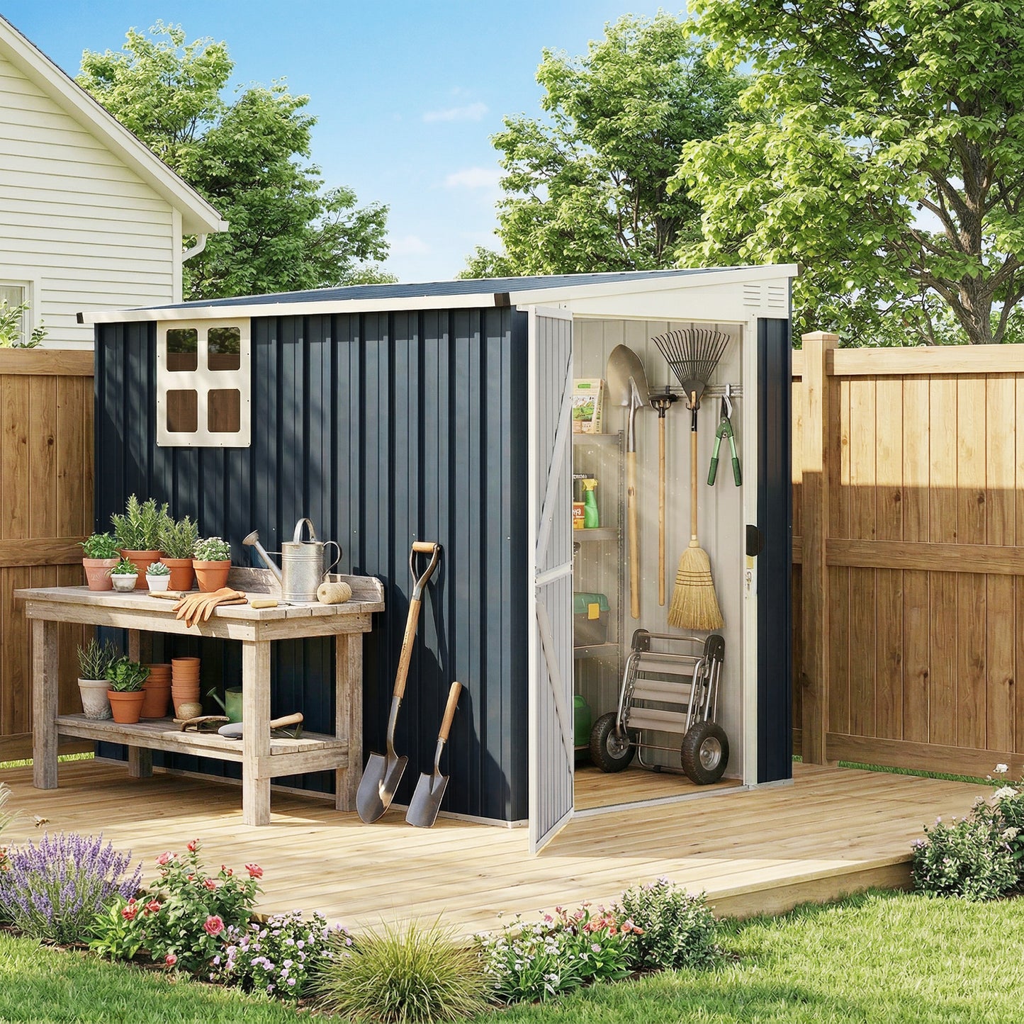 7.6 x 4ft Lean to Garden Metal Shed, Outdoor Storage Shed with Window, 2 Vents and Lockable Door for Garden, Dark Grey
