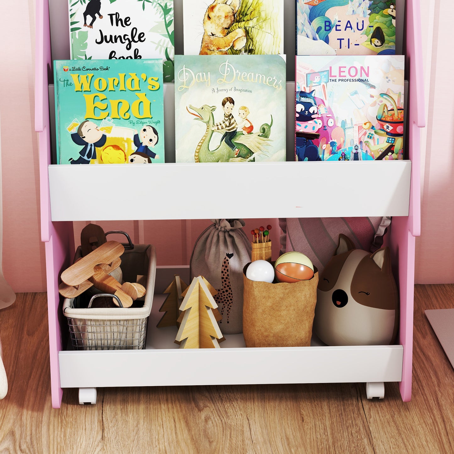Kids Bookshelf with Toy Storage, Double-Sided Bookcase with Wheels, 3 Tier Kids Book Rack for Bedroom, Pink