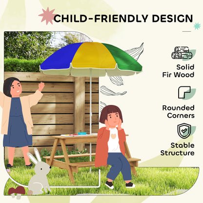 Kids Picnic Table, Sand and Water Table with Wooden Benches, Adjustable Parasol and Storage Bins, Multicolour