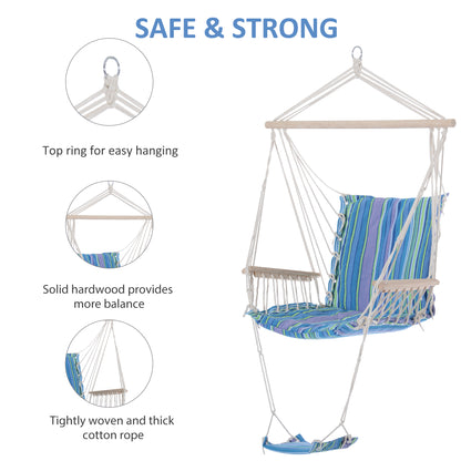 Hanging Rope Chair with Soft Padded Seat & Backrest, Portable Garden Hammoc Chair with Wooden Support Bar, Armrests