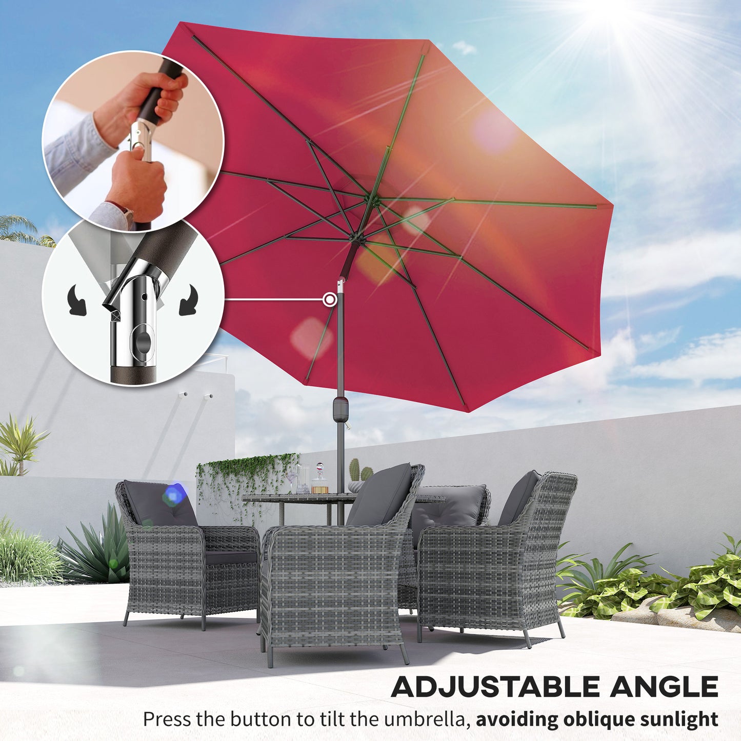 3(m) Tilting Parasol Garden Umbrellas, Outdoor Sun Shade with 8 Ribs, Tilt and Crank Handle for Balcony, Bench, Garden